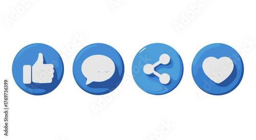 Set of four 3D social media icons: a white thumbs-up, a speech bubble with three dots, a share icon, and a heart, all rendered on a vibrant blue circular background against a stark black backdrop