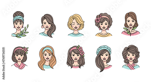 Collection of ten diverse female portraits with varied hairstyles and accessories, presented in a clean, modern, and colorful vector illustration style against a black background, ideal for lifestyle