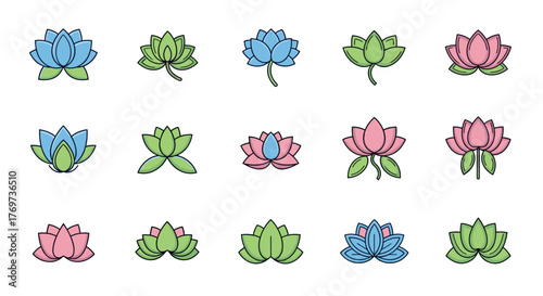 Collection of stylized lotus flower icons in various colors including pink, blue, and green, presented on a black background, symbolizing purity, enlightenment, and rebirth in Eastern cultures