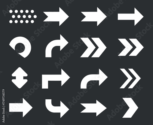 Set of Minimalistic White Arrows Pointing to Direction on Dark Background