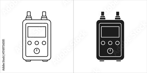 A black and white illustration of a portable electronic device with a screen, buttons, and two protruding connectors
