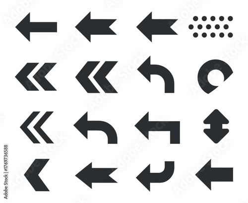 Set of Various Black Arrows Pointing to the Left Direction. Vector