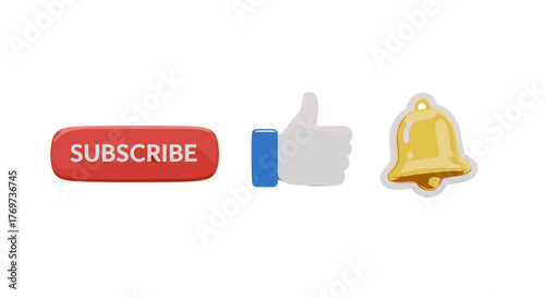 3D render of a red subscribe button, a white thumbs up icon with a blue thumb, and a yellow notification bell icon, isolated on a black background, representing social media engagement and online