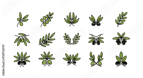 Collection of stylized olive branch and olive icons, featuring green leaves and black or green olives, presented on a black background, perfect for food, health, and Mediterranean themes.