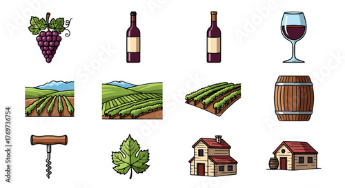 A delightful collection of flat design icons representing the winemaking process, featuring ripe grapes, vineyard landscapes, wine bottles, a glass of red wine, a wooden barrel, a corkscrew, a grape