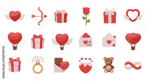 Collection of 3D Valentine's Day icons and symbols, including hearts with wings, cupid's bow and arrow, gift boxes, a red rose, hot air balloons, envelopes with hearts, a diamond ring, chocolate, a