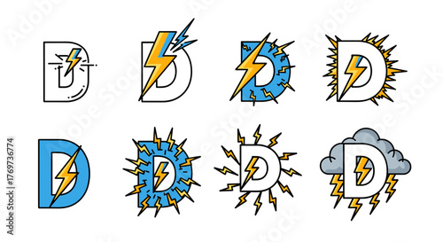 Collection of eight stylized letter D logos featuring lightning bolts and thunder effects, representing power, energy, and dynamism, with variations in color and design for diverse applications.