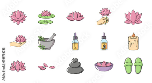 Collection of spa and wellness icons featuring pink lotus flowers, lily pads, a mortar and pestle with herbs, essential oil bottles, a lit candle, stacked stones, a bowl of petals, and spa slippers