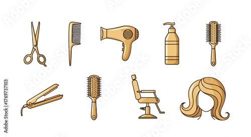 Golden Hair Salon Equipment and Styling Tools Collection: Includes scissors, combs, hairdryer, flat iron, hairspray bottle, brushes, barber chair, and a styled blonde wig, presented on a black