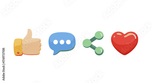 Three-dimensional icons representing social media engagement: a yellow thumb up for likes, a blue speech bubble with three dots for comments, a green share icon, and a red heart for love, all