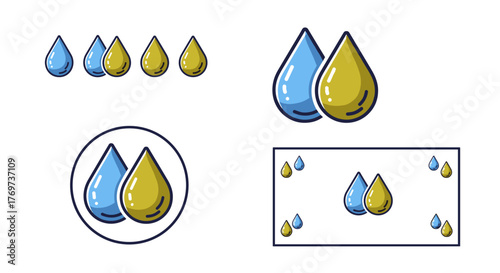 Set of four stylized water drop icons in blue and yellow, representing liquid, fluid, and wetness, perfect for design elements related to hydration, purity, or natural resources, presented in various