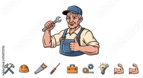 Skilled Senior Craftsman with Wrench and Thumbs Up, Surrounded by Tools of the Trade: Hammer, Hard Hat, Saw, Screwdriver, Toolbox, Gear, Lightbulb, and Biceps, Illustrating Expertise and Diligence in