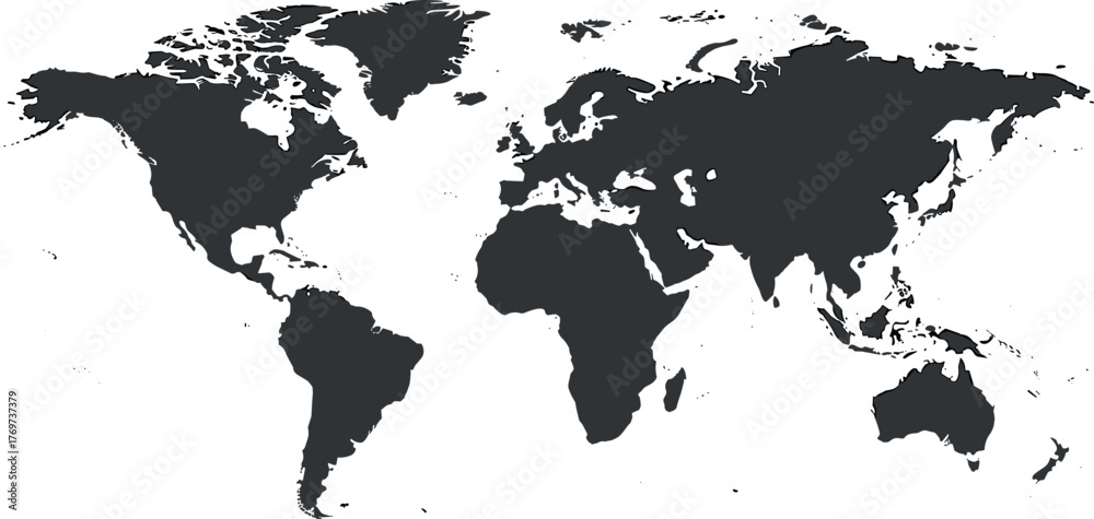 Obraz premium Vector world map illustration with flat design, depicting continents and global landmasses. Perfect graphic for international themes, education, travel, and business projects