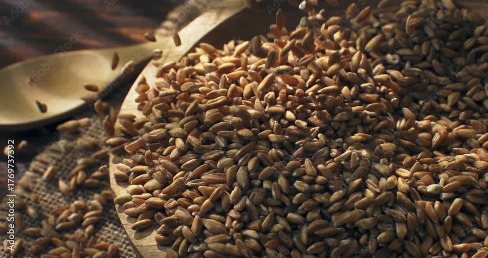 Slow Motion Close Up of Organic spelt grains falling into wooden bowl in warm light, hands touching ancient cereal, symbol of earth, harvest and simple nourishment at 1000 fps
