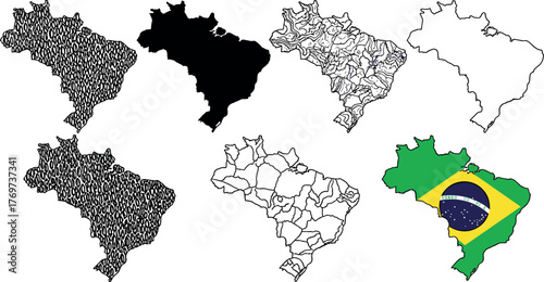 Collection of Stylized Maps and Flag of Brazil for Graphic Design and Educational Purposes