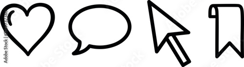 Collection of simple line art icons representing social media interactions heart, speech bubble, cursor, and bookmark for digital platforms and websites