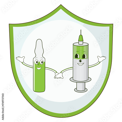 Syringe and ampoule, capsule, holding hands, against the background of a shield, disinfection, vaccinations, vaccine
