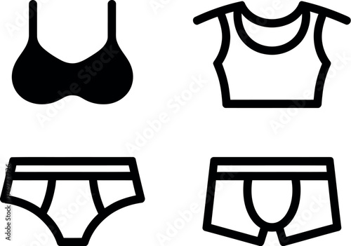 Simple line art icons represent a bra, tank top, briefs, and boxers.