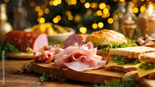 Table with a variety of food items including sandwiches, ham, and pickles. The table is set for a festive occasion, with a Christmas tree in the background