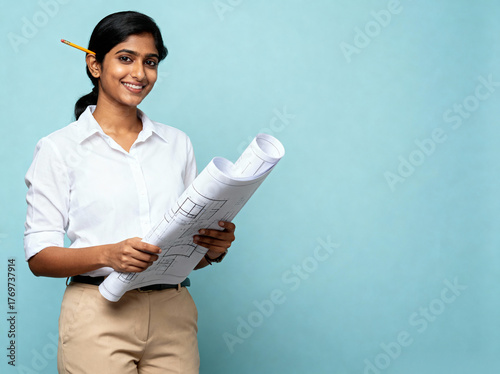 Confident Indian woman architect holding blueprints, ready to discuss design plans and project strategies with a bright, professional smile.