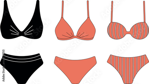 Three different styles of bikini swimwear are displayed against a white background.