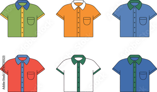 Six different colored short-sleeved collared shirts are displayed against a white background.