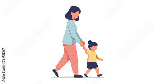 Illustration of mother holding daughter hand walking together motherhood parenting family time happy child
