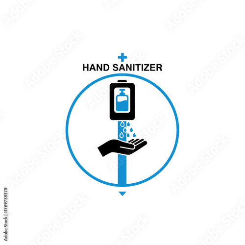Hand disinfection station icon with sanitizer dispenser above a hand on a transparent background