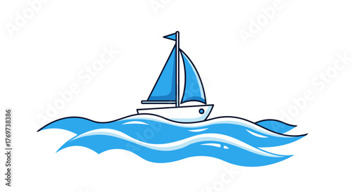 Cartoon sailboat sailing on blue ocean waves vector illustration summer vacation travel nautical adventure 100