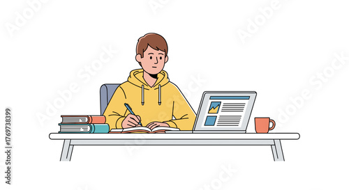 Student studying online learning education writing notes with laptop and books at home concept vector