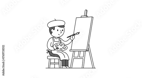 Cartoon artist painting on canvas with easel illustration for art education and creative hobby design