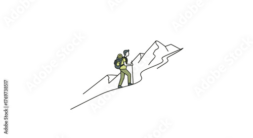 Line art of hiker climbing mountain with backpack and trekking pole outdoor adventure and travel concept