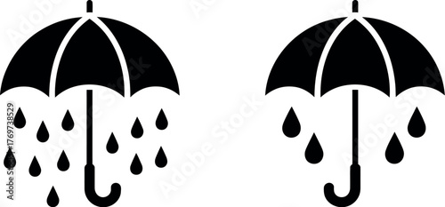 Two black umbrellas depicted with falling raindrops against a white background.