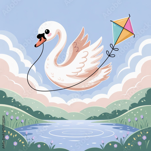 Cute Whimsical Swan Flying a kite Vector Illustration
