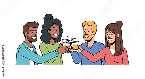 Diverse friends celebrating with drinks cheers beer toast friendship party gathering happy hour celebration