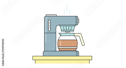 Illustration of a coffee maker machine brewing hot coffee in a glass pot on a table top kitchen appliance
