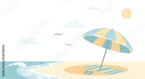 Illustration of summer beach scene with umbrella sun sea and sand vacation and holiday background 100 char