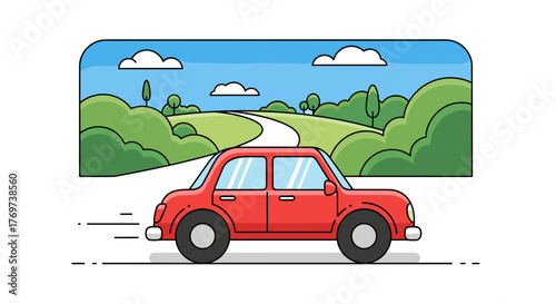 Red car driving on road trip illustration vector graphic design for travel and transportation themes image