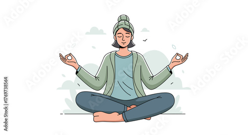 Illustration of woman meditating in lotus position for mindfulness and relaxation wellness and mental health