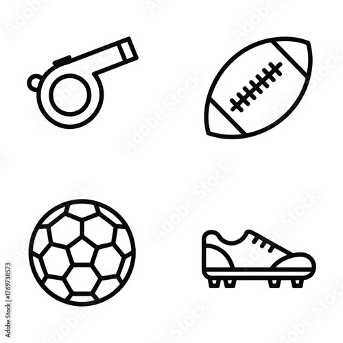 Sports equipment icons whistle football soccer ball cleats set
