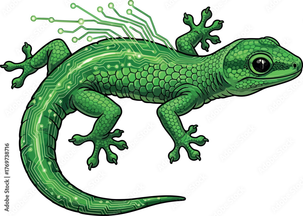 Naklejka premium Green gecko with circuit board pattern a vector illustration for technology and nature concepts isolated on white