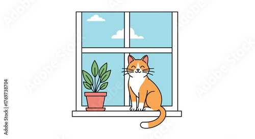 Illustration of a cute cat sitting on a window sill next to a potted plant with a sky background