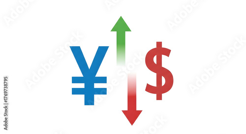 Yen and dollar currency symbols with up and down arrows financial vector illustration representing exchange rates isolated on whit