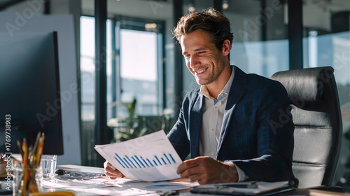 Young business man working looking papers data results happy successful office