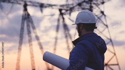 An electrician on the background of high towers of power plants looks at the project for the development of an electrical structure, the expansion of the electrical voltage of volts in the wires.