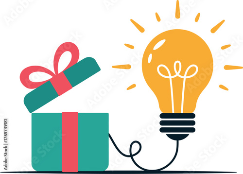 An opened gift box is connected to a glowing light bulb, symbolizing a new idea.