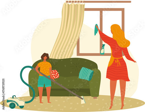 A colorful representation of a parent and child sharing a cleaning task at home, showcasing teamwork and responsibility in a bright and inviting living room.