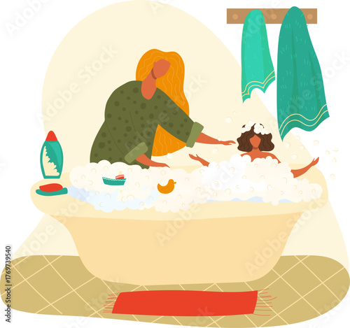 A joyful scene capturing a parent helping a child during bath time, with bubbles, warmth, and a sense of familial love in a cozy bathroom setting.