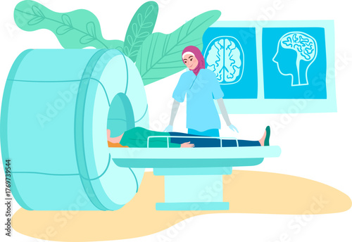 A healthcare professional conducts an MRI scan on a patient, demonstrating the advanced technology used in modern medicine for accurate diagnosis of brain and body health.