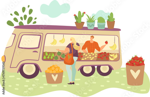 A charming mobile food market where a customer selects fresh fruits and vegetables, highlighting community spirit and the importance of local produce in everyday life.